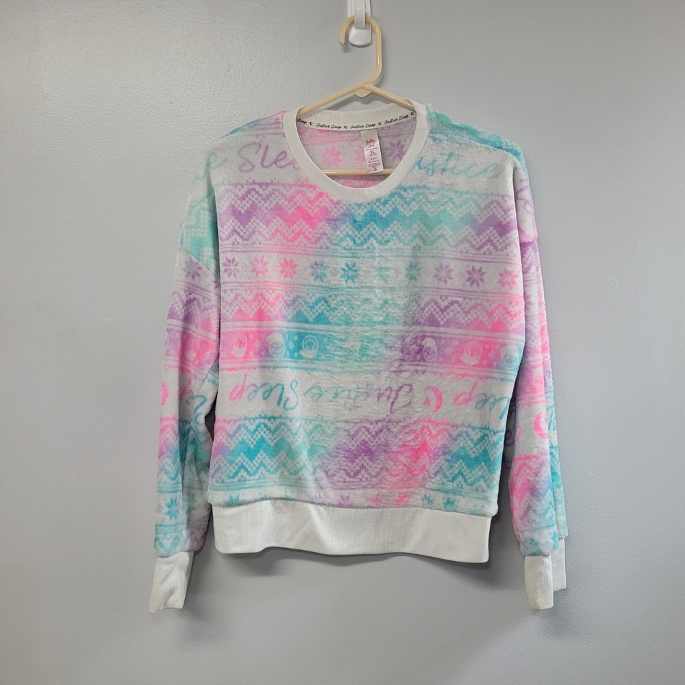 Justice Girls‎ XL 16/18 Sleep Sweatshirt Pink Blue Tie Dye Fair Isle Fleece Top